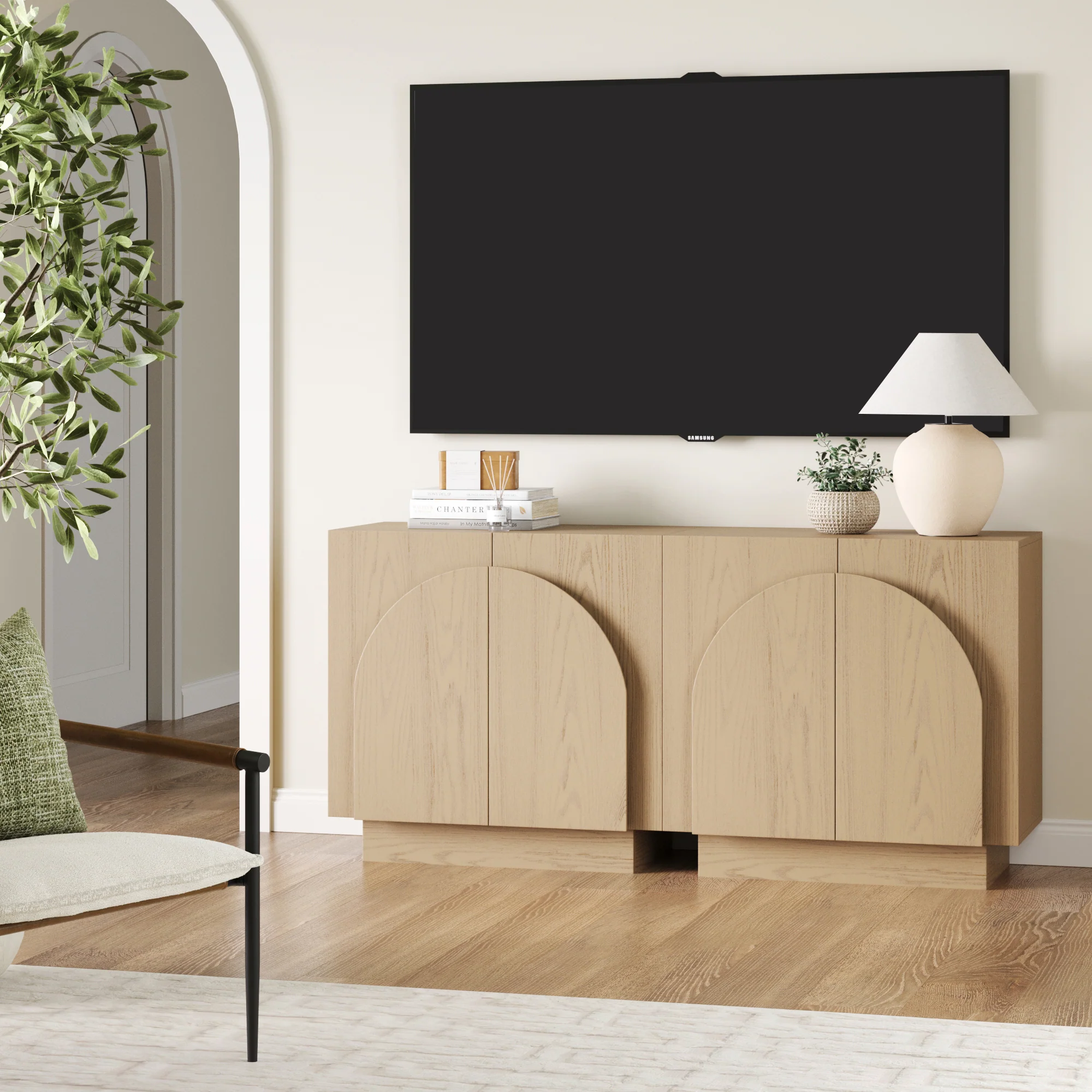 Wood Mid-Century Arched Storage Cabinet Credenza Gray Oak (Set of 2) - Image 2
