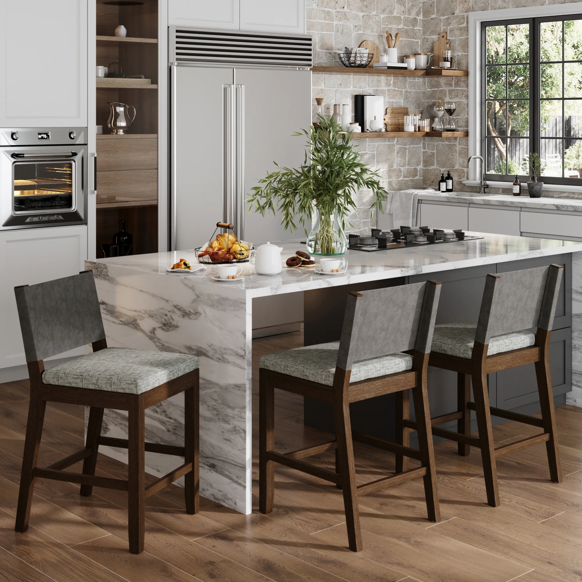 Wood Counter Height Bar Stools Dark Brown Ivory (Set of 3) - Image 2