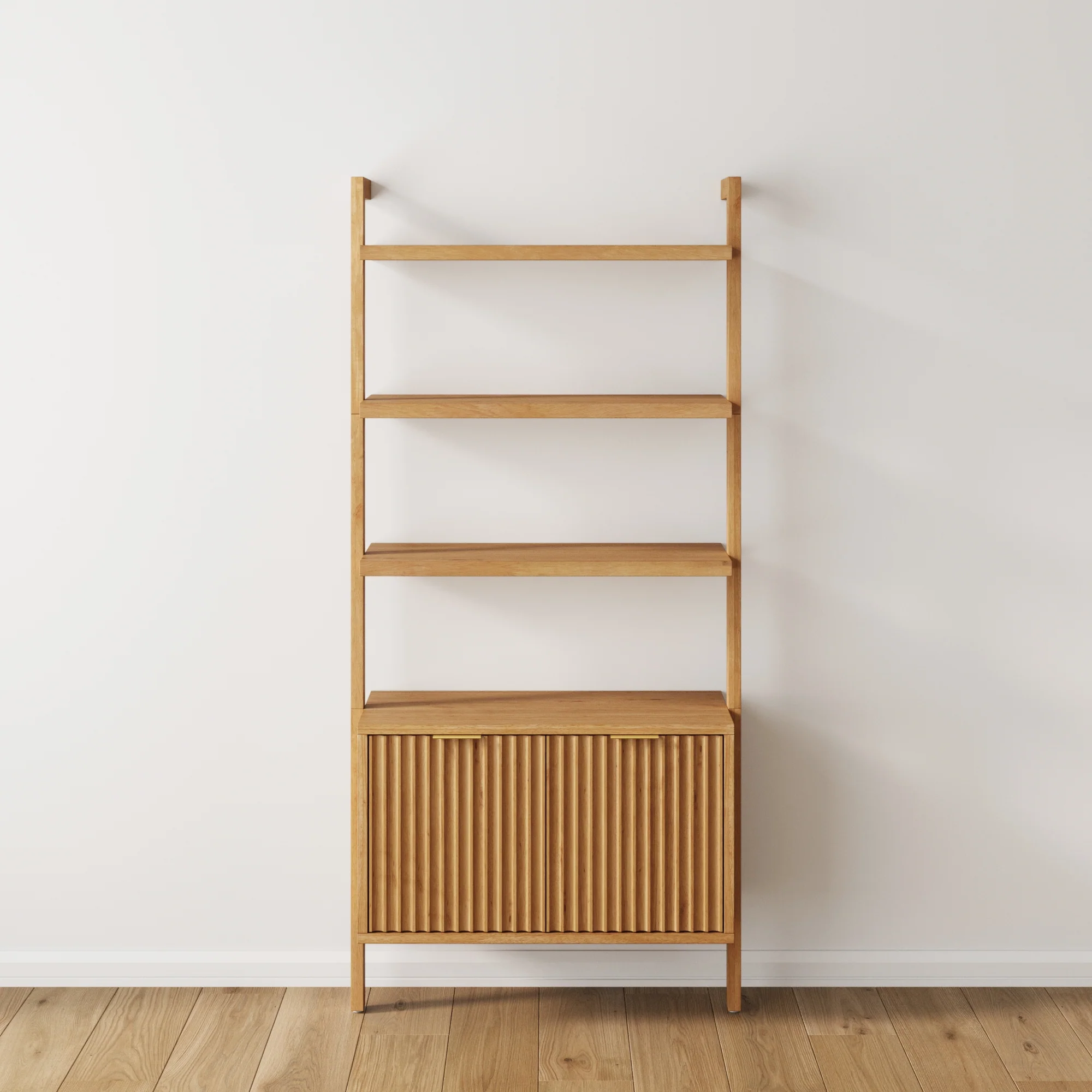 Mid-Century Fluted Wall Bookshelf with Doors Warm Pine - Image 3