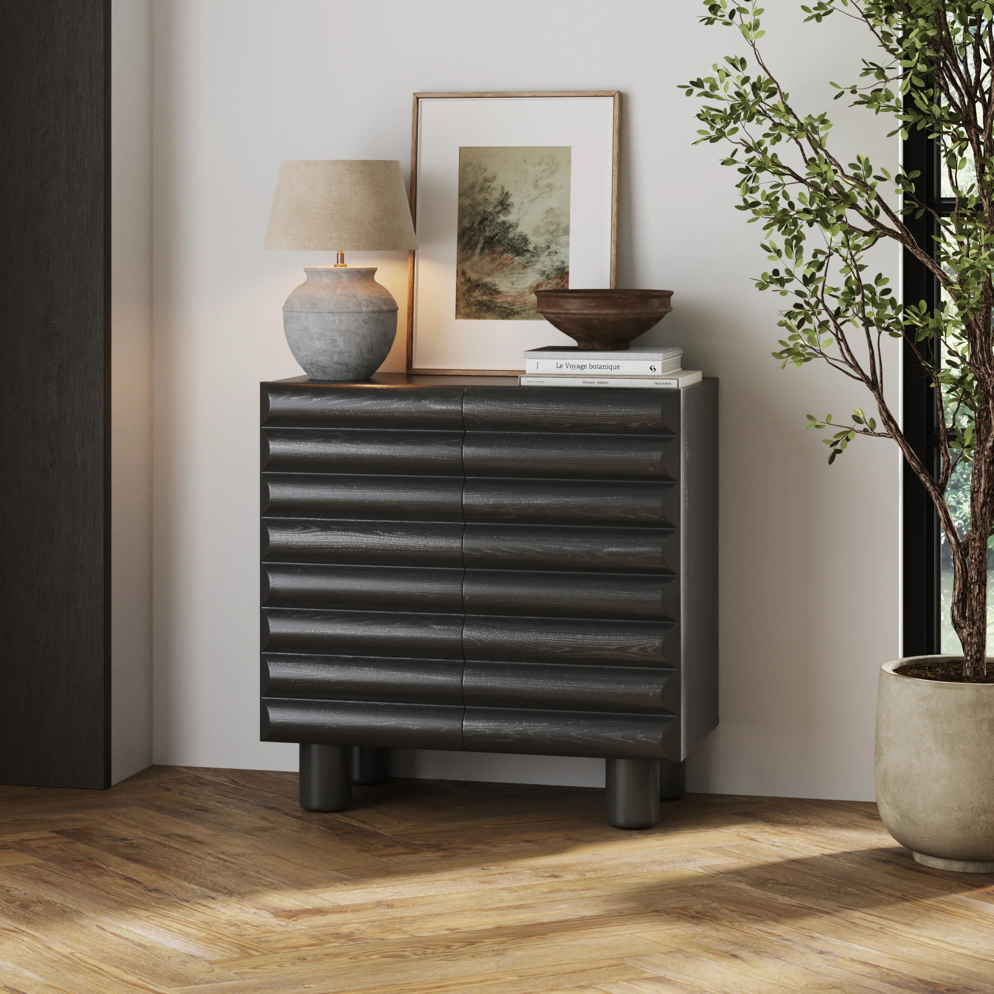 Wood Modern Accent Cabinet with Sculpted Door Black
