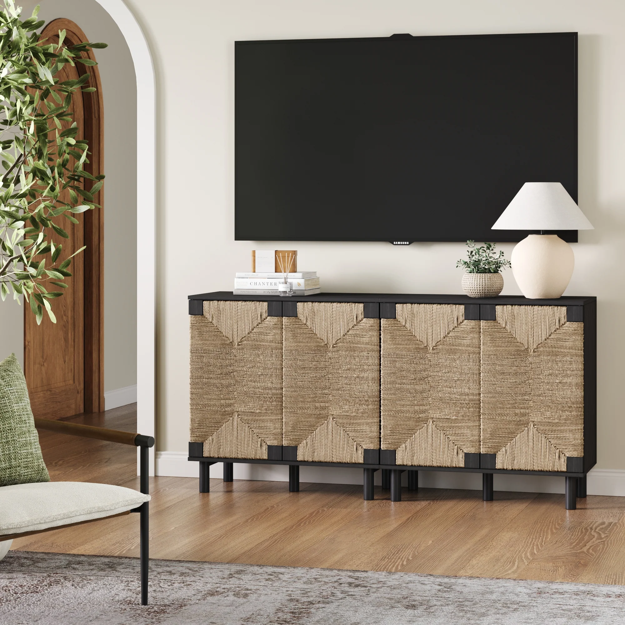 Seagrass Storage Cabinet Credenza Black (Set of 2) - Image 3