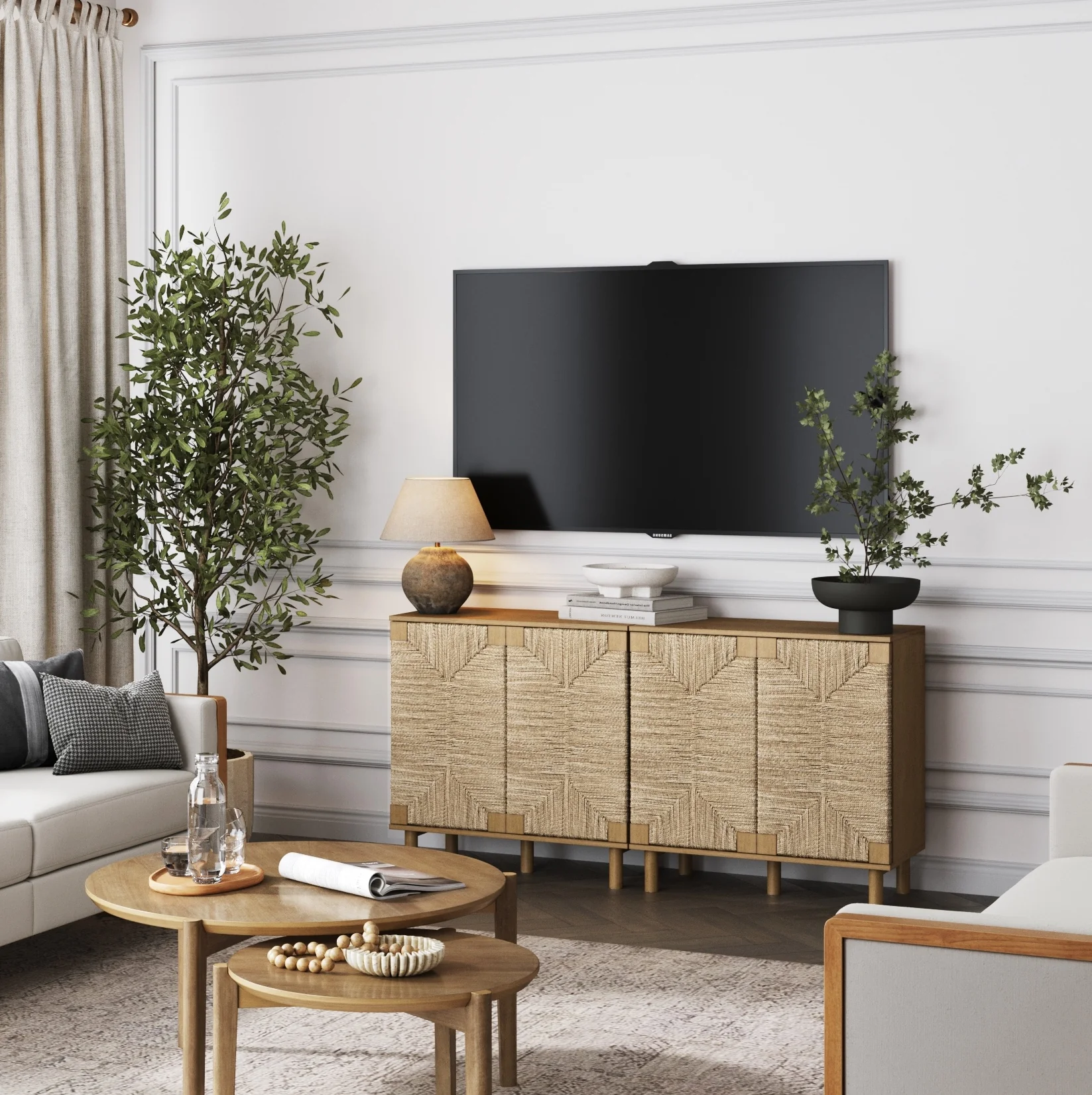 Wood TV Console for TVs 55-65" with Seagrass Doors Light Brown - Image 2