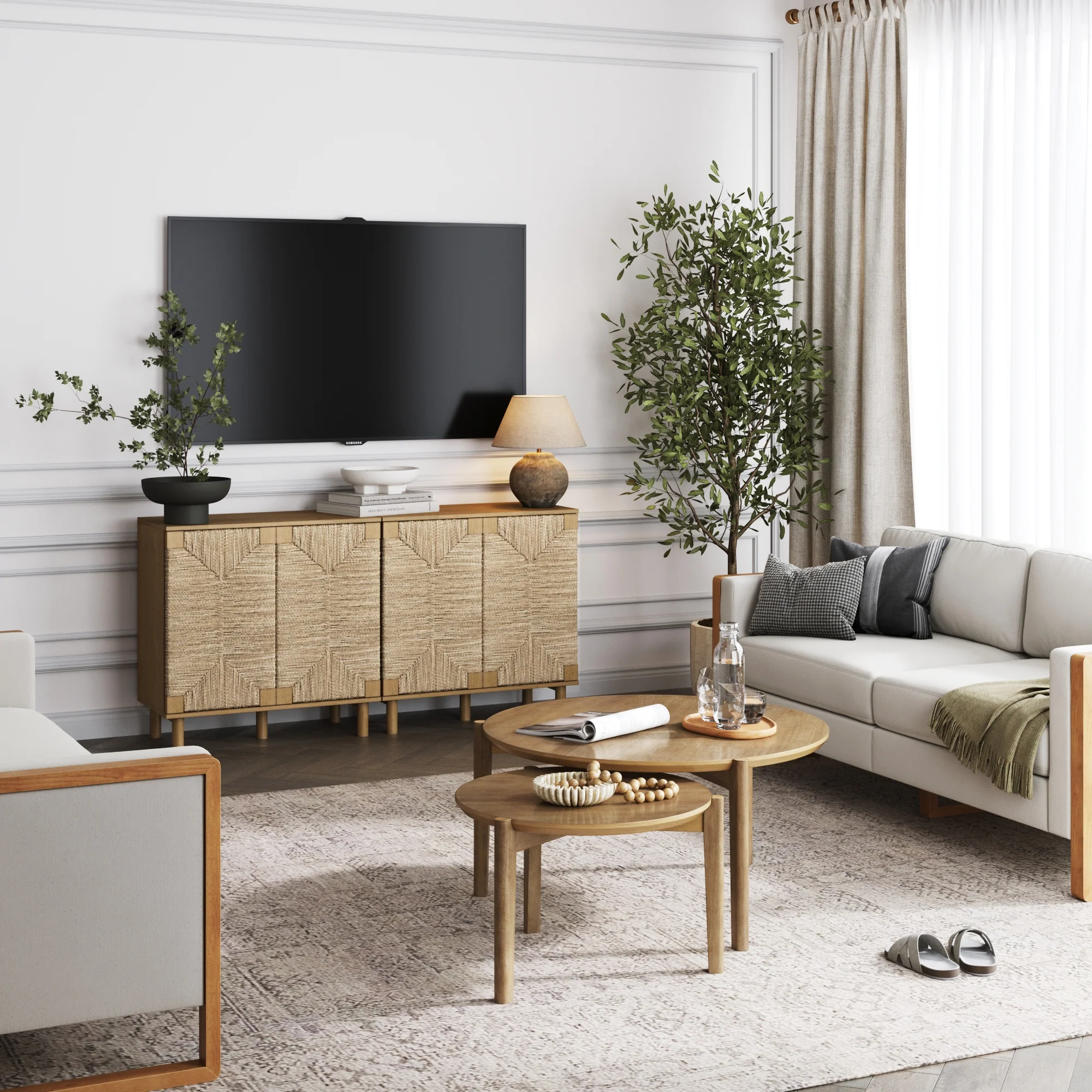 Wood TV Console for TVs 55-65" with Seagrass Doors Light Brown - Image 3