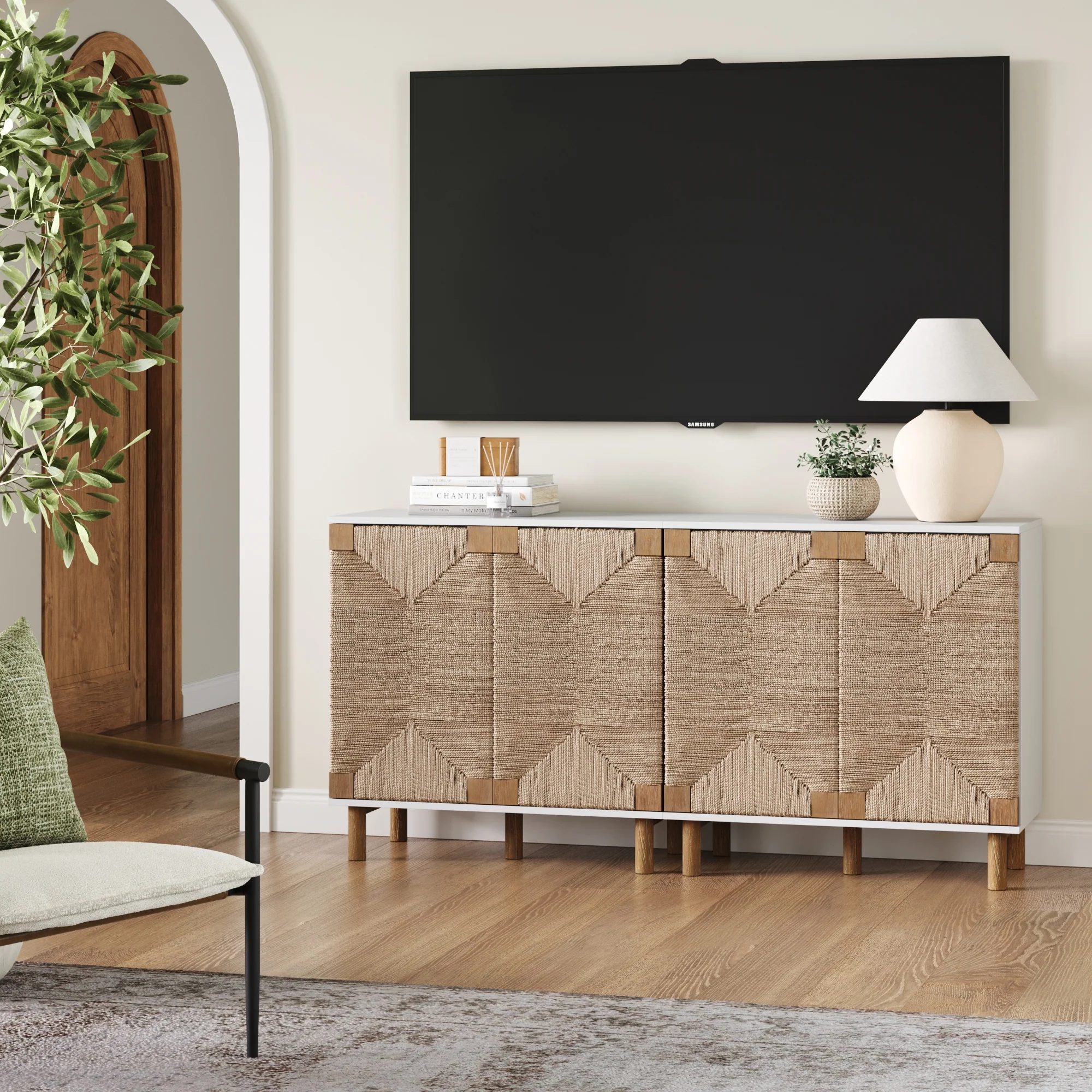 Seagrass Storage Cabinet Credenza White (Set of 2) - Image 3