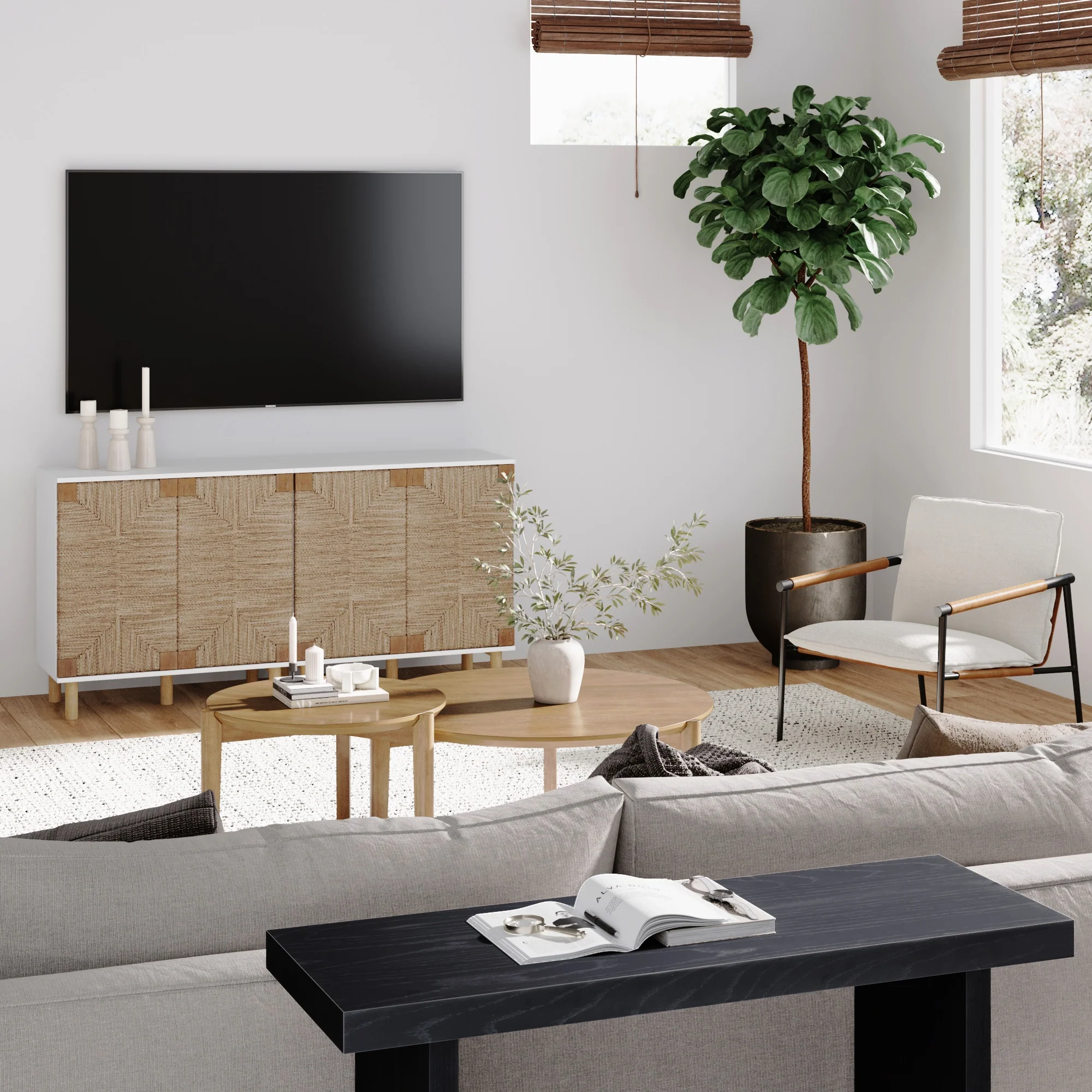 Wood TV Console for TVs 55-65" with Seagrass Doors White - Image 2