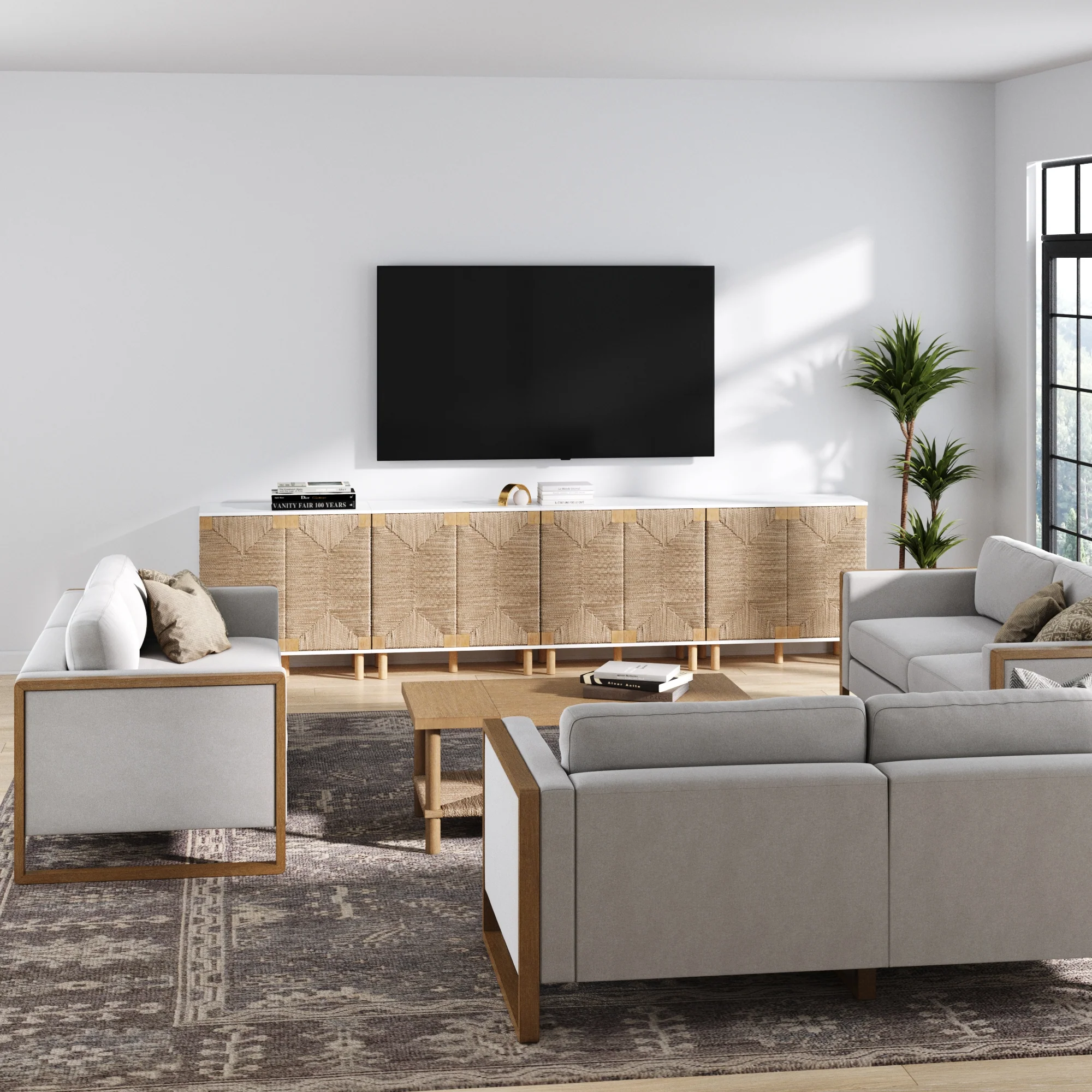 Large Seagrass Storage Cabinet Credenza White (Set of 4) - Image 3