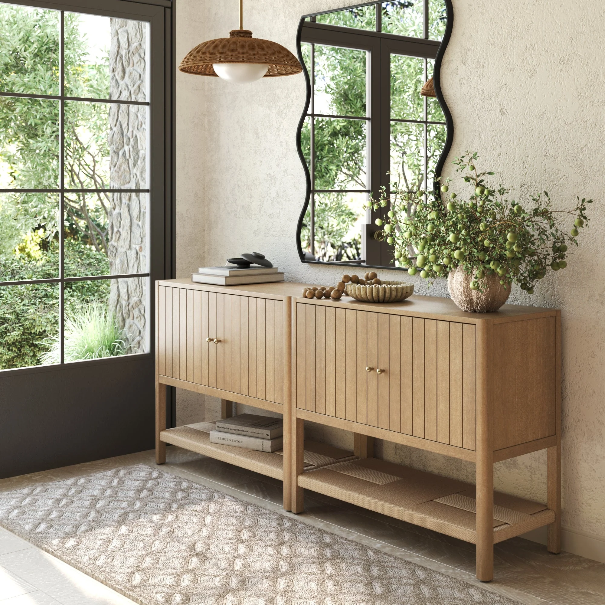 Grooved Door Storage Cabinet Credenza Light Brown (Set of 2)