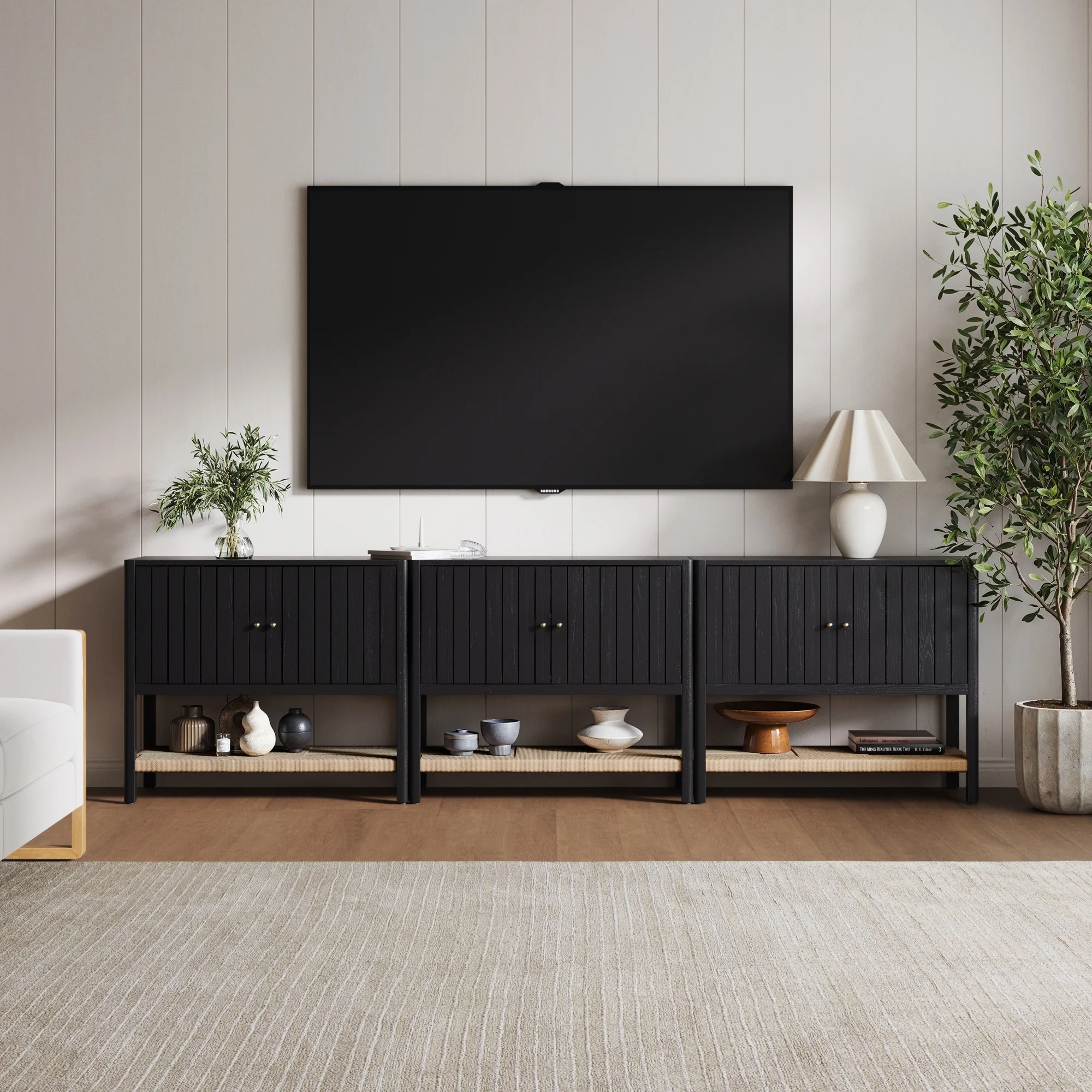 Grooved Door Storage Cabinet Credenza Black Oak (Set of 3) - Image 2