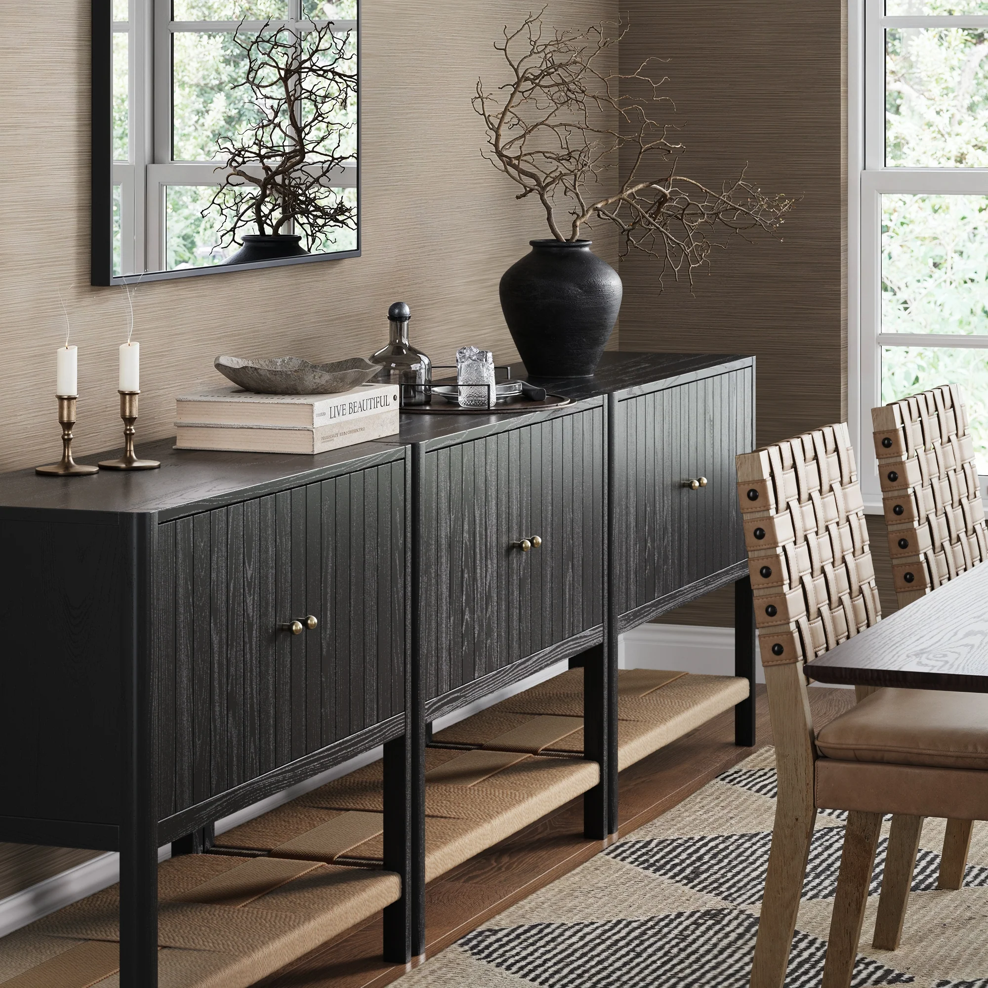 Grooved Door Storage Cabinet Credenza Black Oak (Set of 3)