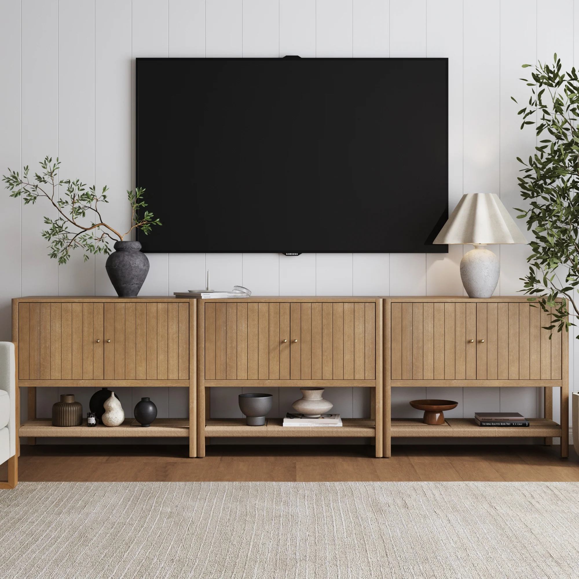 Grooved Door Storage Cabinet Credenza Light Brown (Set of 3) - Image 2