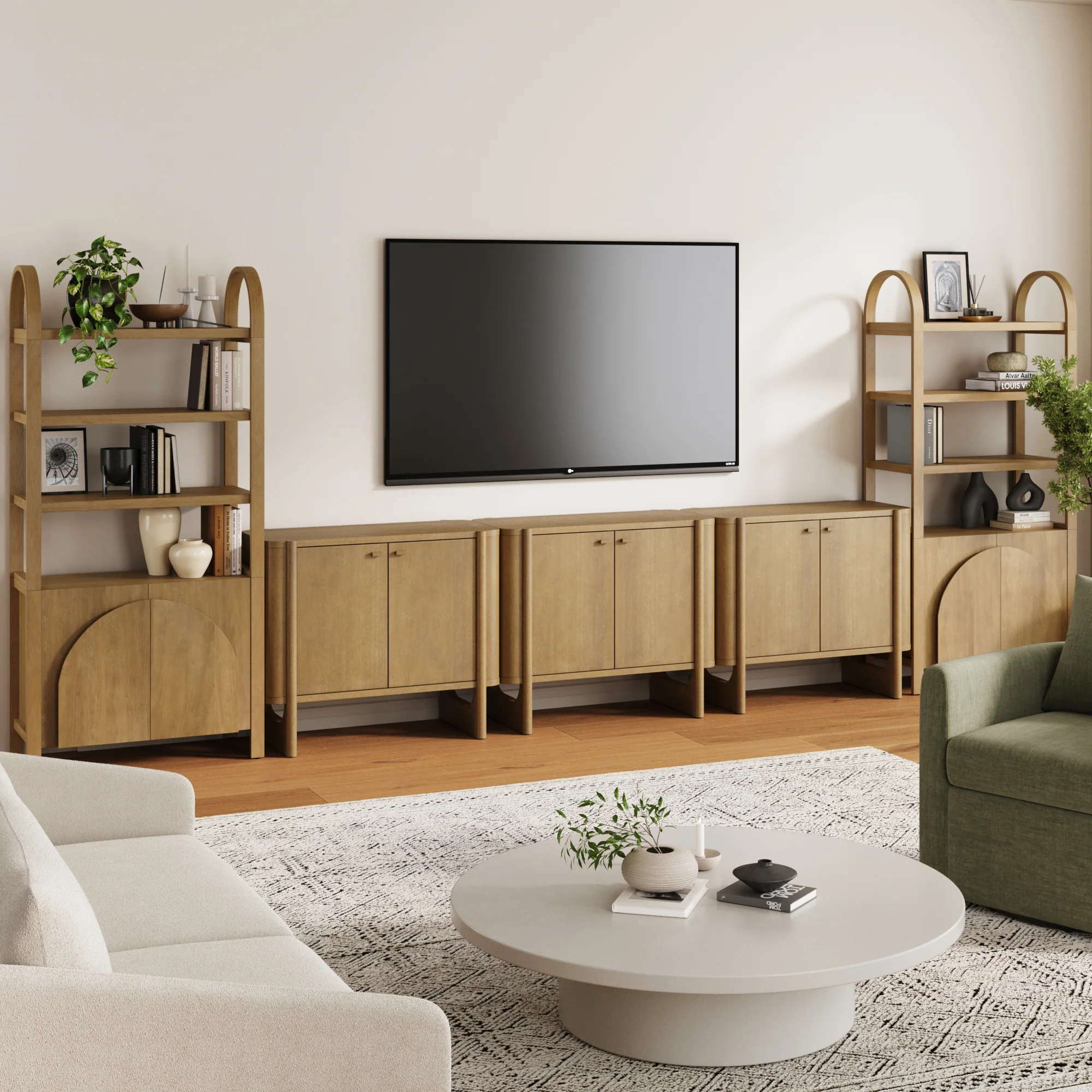 Wooden Arched Entertainment Center with Storage and Bookcase for 75" TVs Light Brown - Image 2