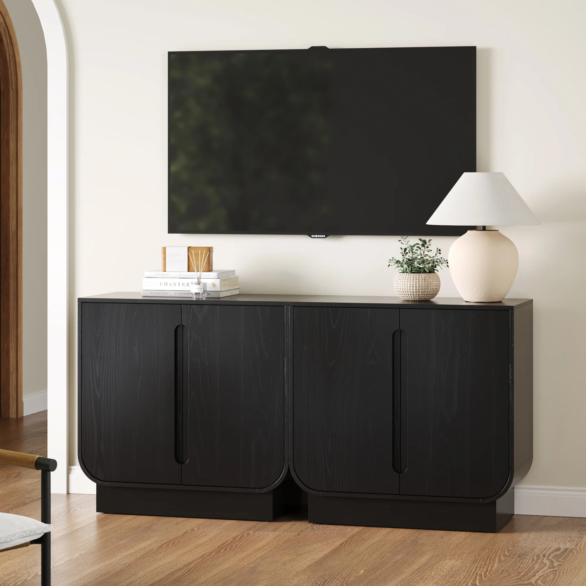 Wooden Arched TV Console Stand Black Oak for TVs 55-65"