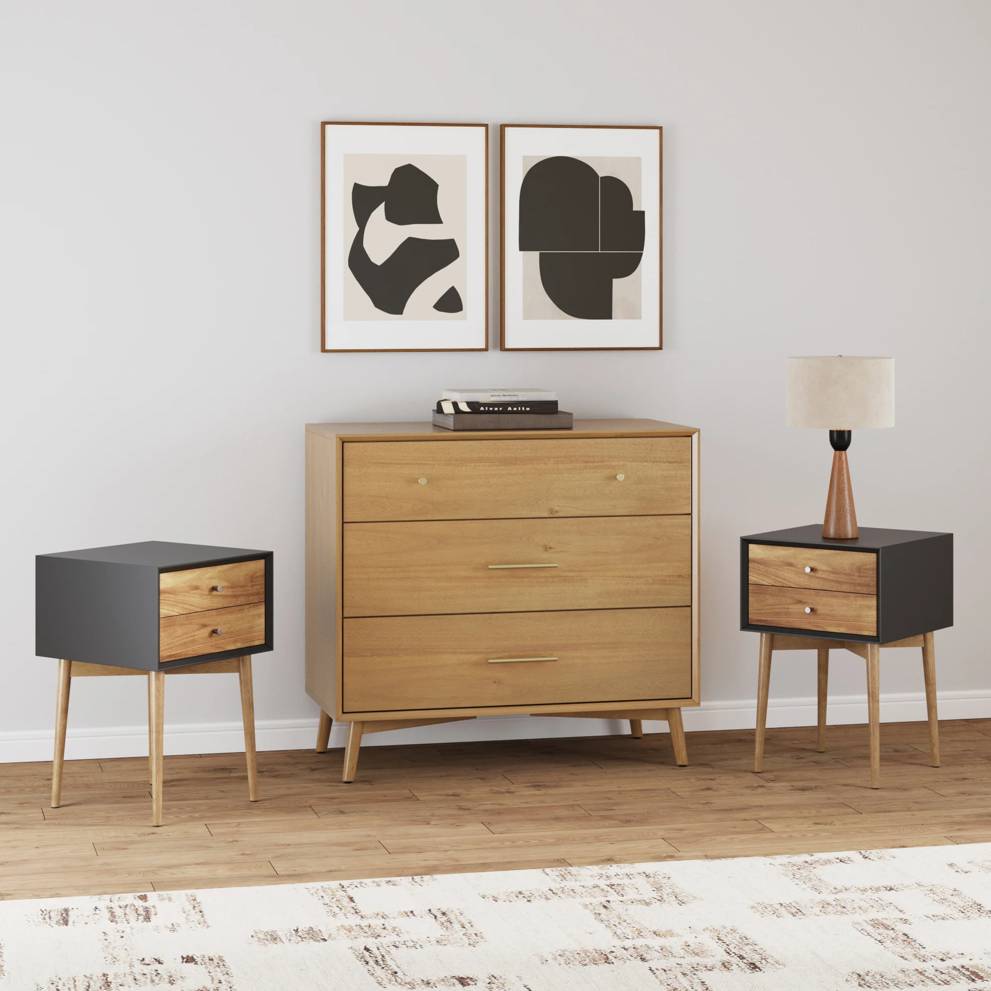Wooden Dresser and 2 Nightstands Set Light Acacia/Black