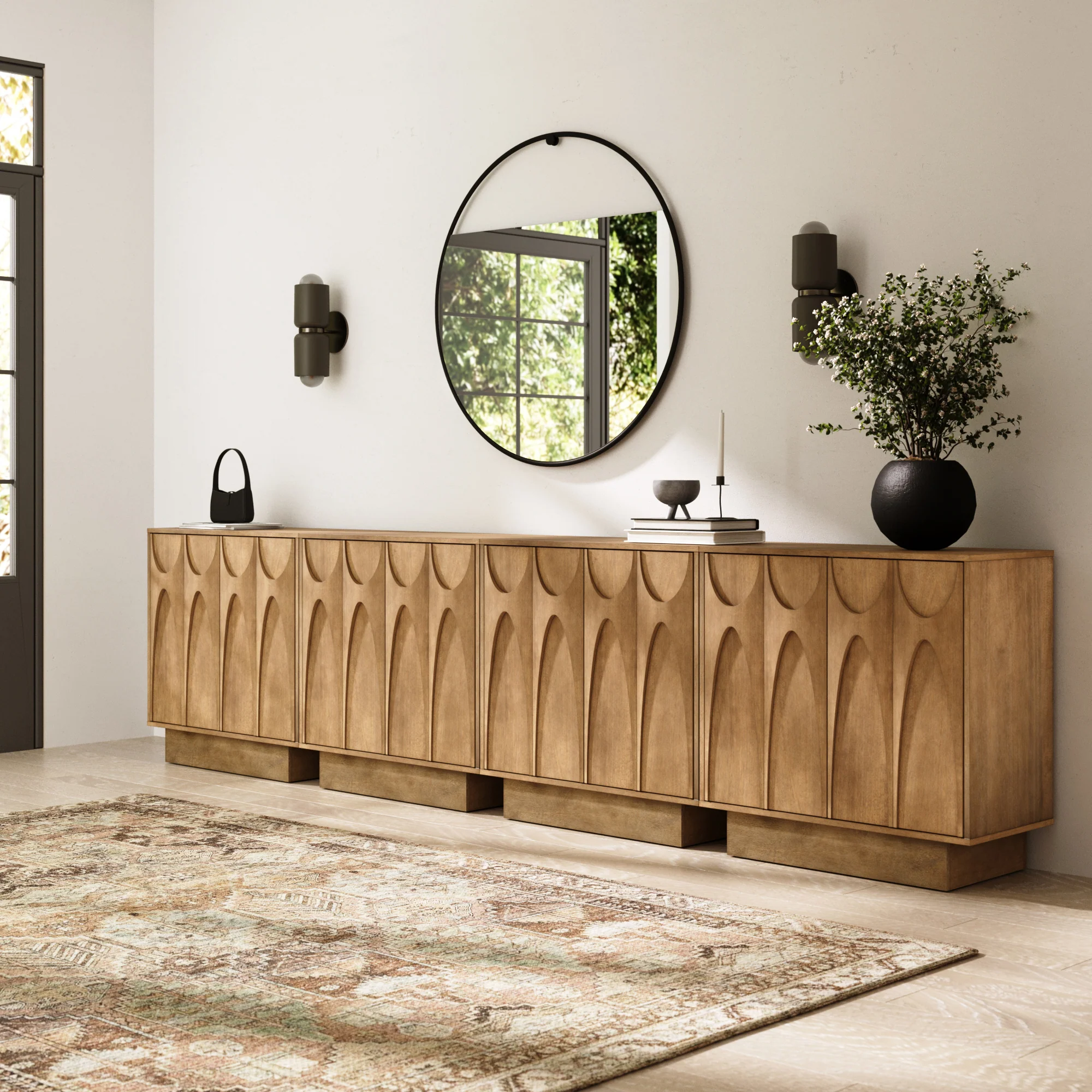 Wooden TV Console with Antique Carved Doors for TVs 85" Light Brown - Image 2